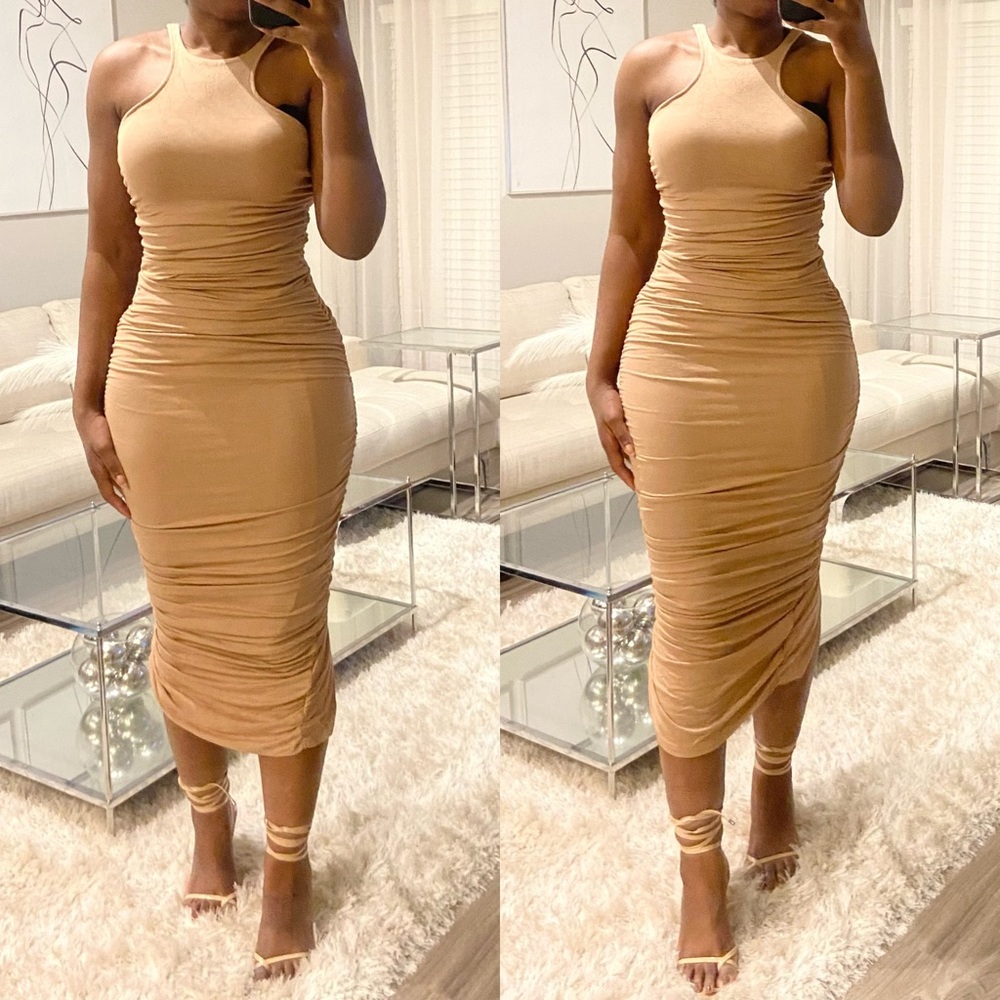 Tan Ruched Maxi Bodycon Dress 🍂